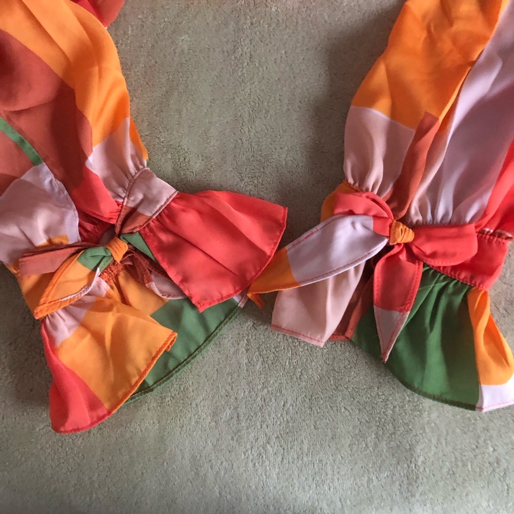 easel blouse colorblock lightweight boho peasant 3/4 sleeve orange caramel green - Picture 4 of 9